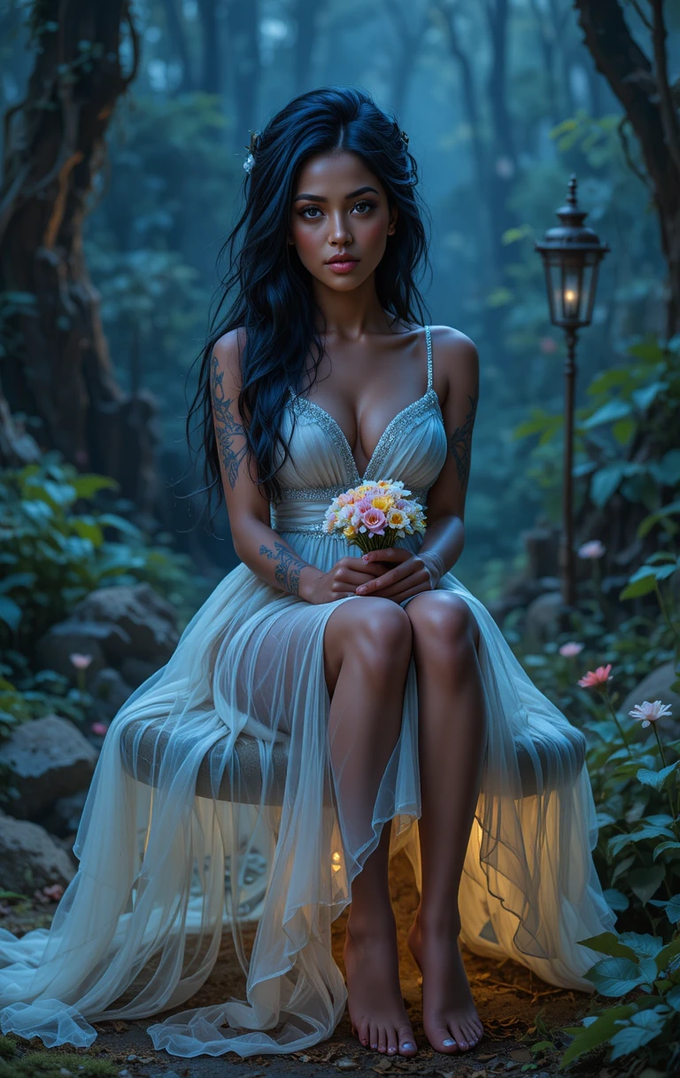 Ebony fairy woman on glowing toadstool in night forest