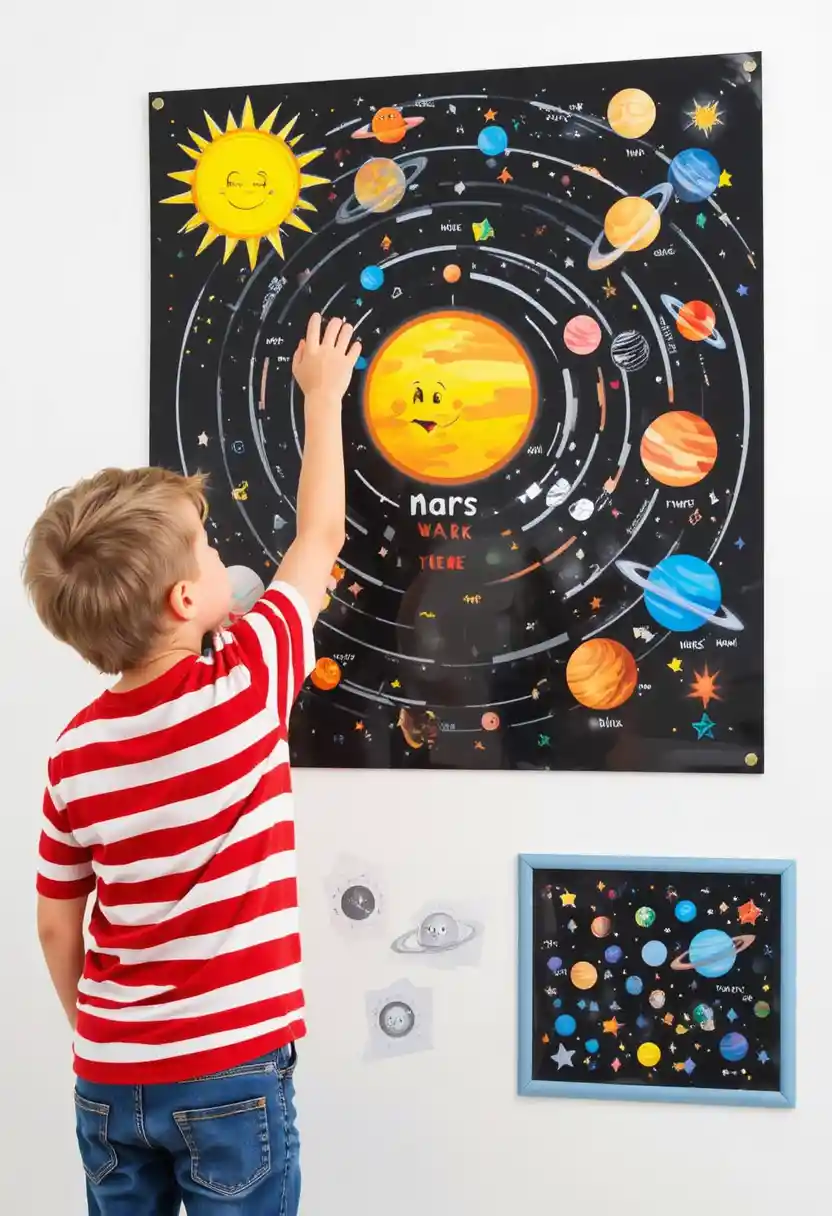 Young boy reaching for the sun on a solar system chart