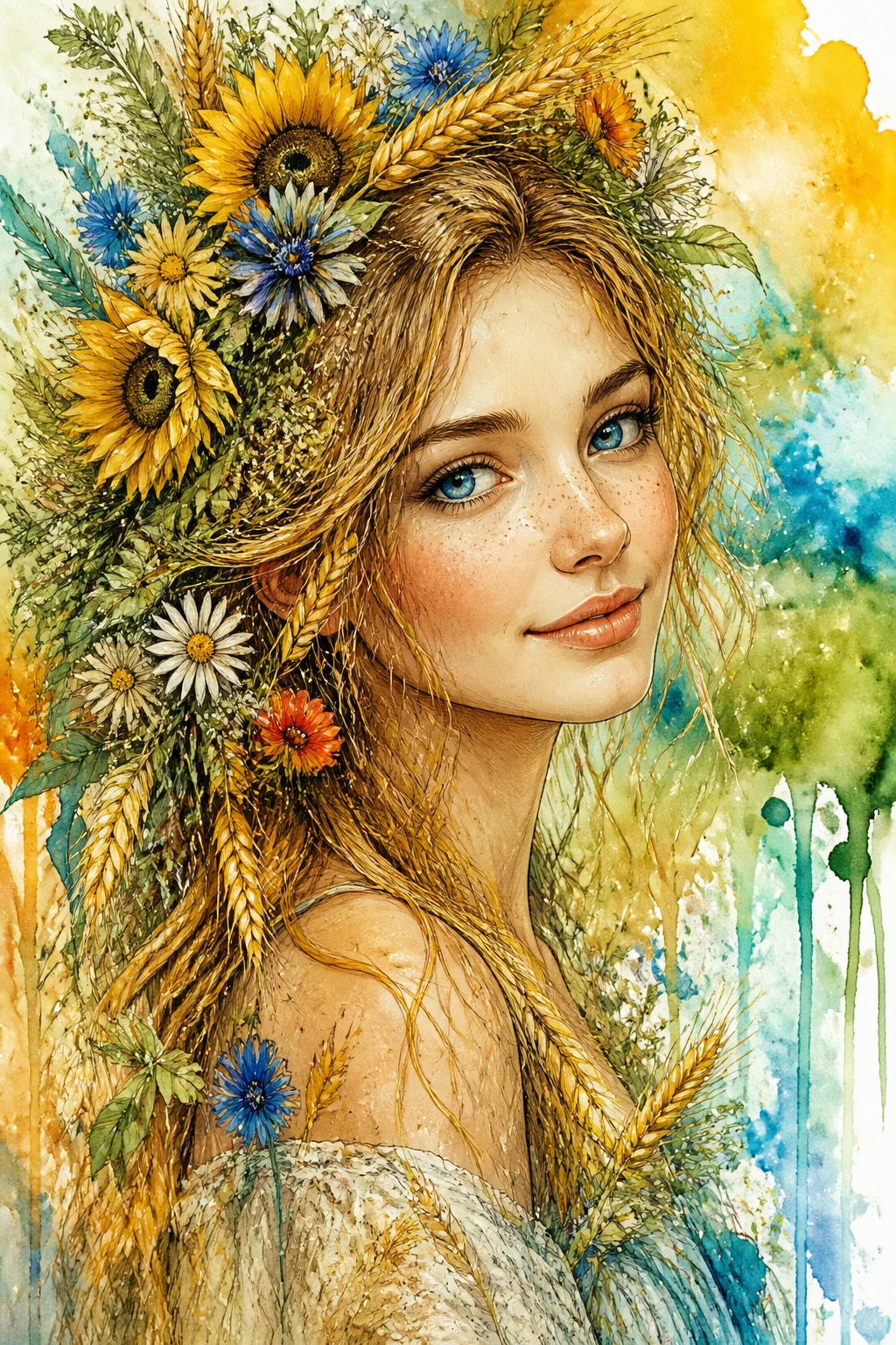 Ritratto colorato in mixed media di una serena donna estiva