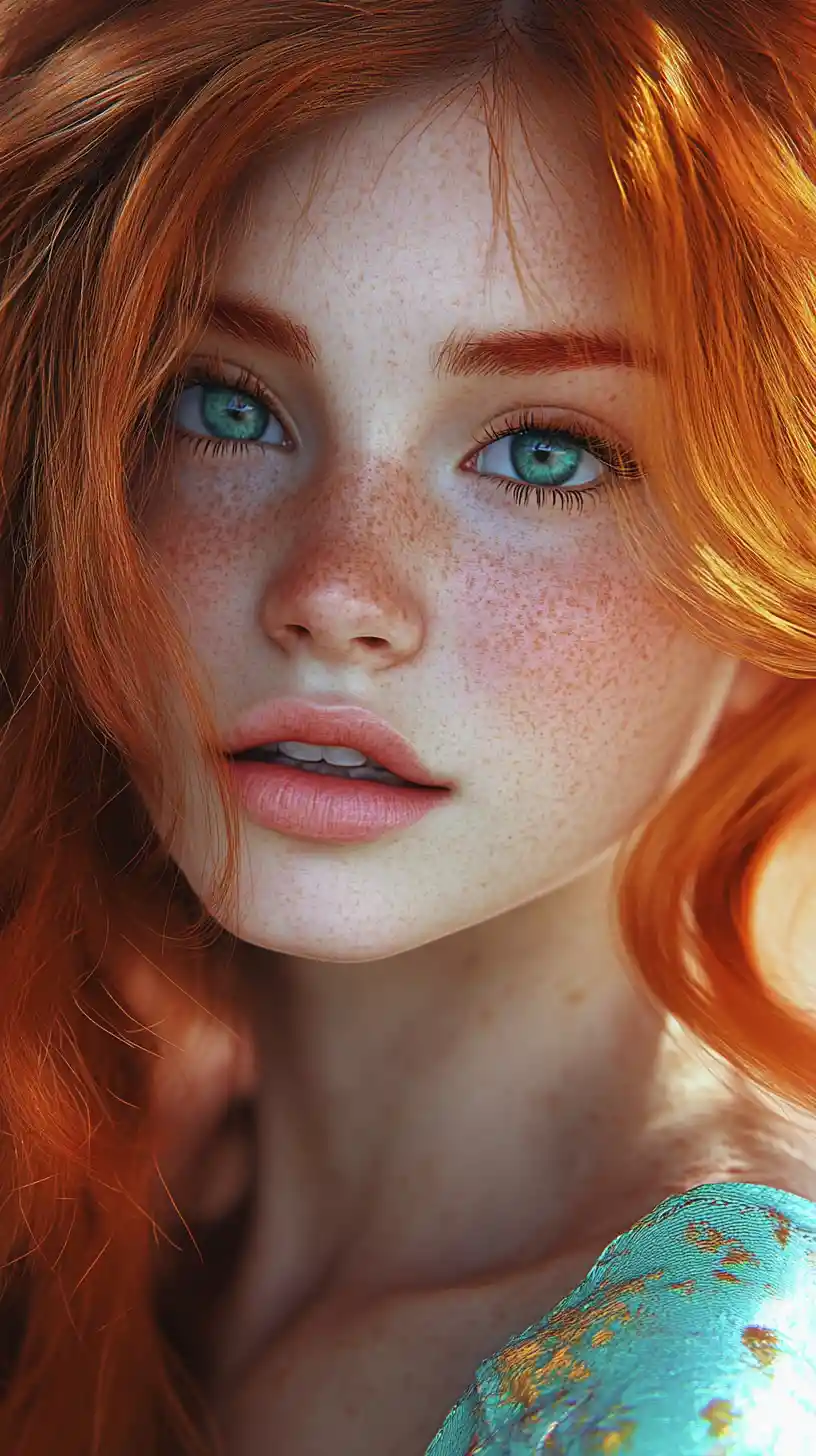 Freckled red haired girl gazing upward in 3D portrait