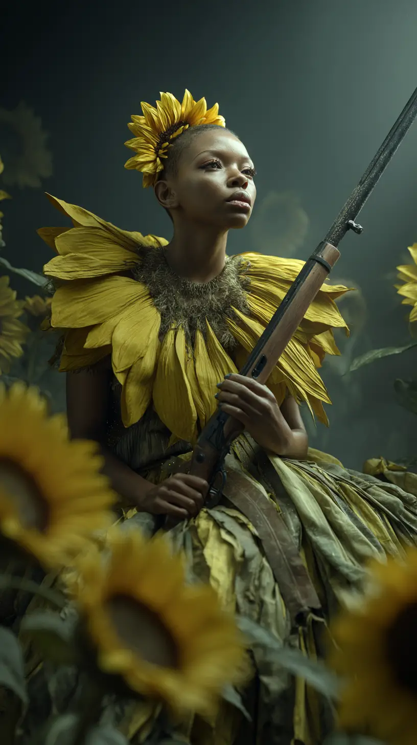 Afrofuturistic woman warrior with sunflower rifle in surreal world