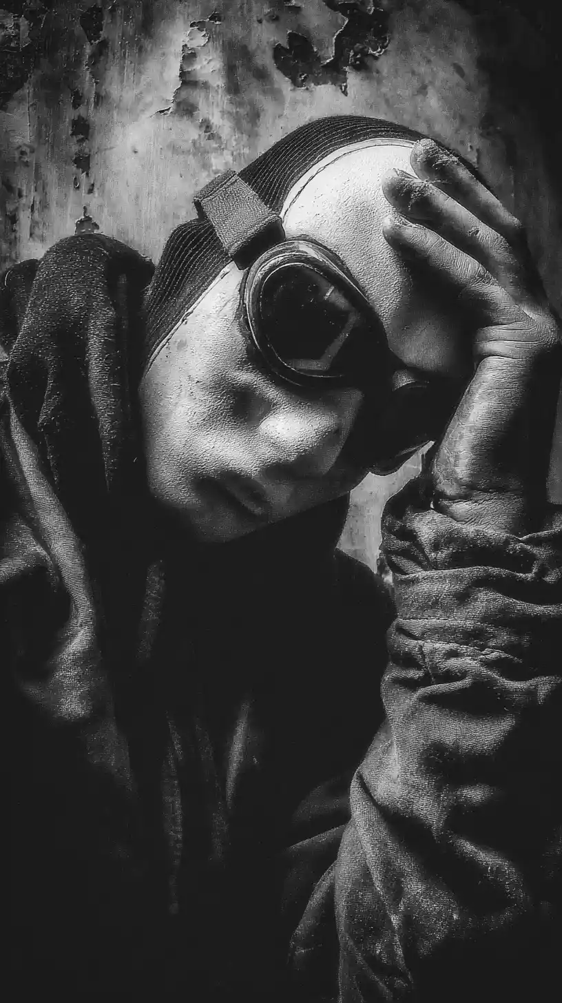 Man in a ski mask entering a dark urban slum