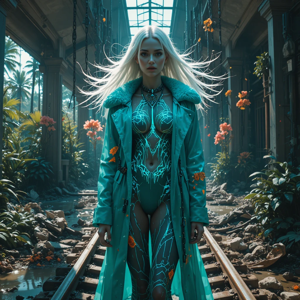 Cyberpunk woman in overgrown jungle monorail station