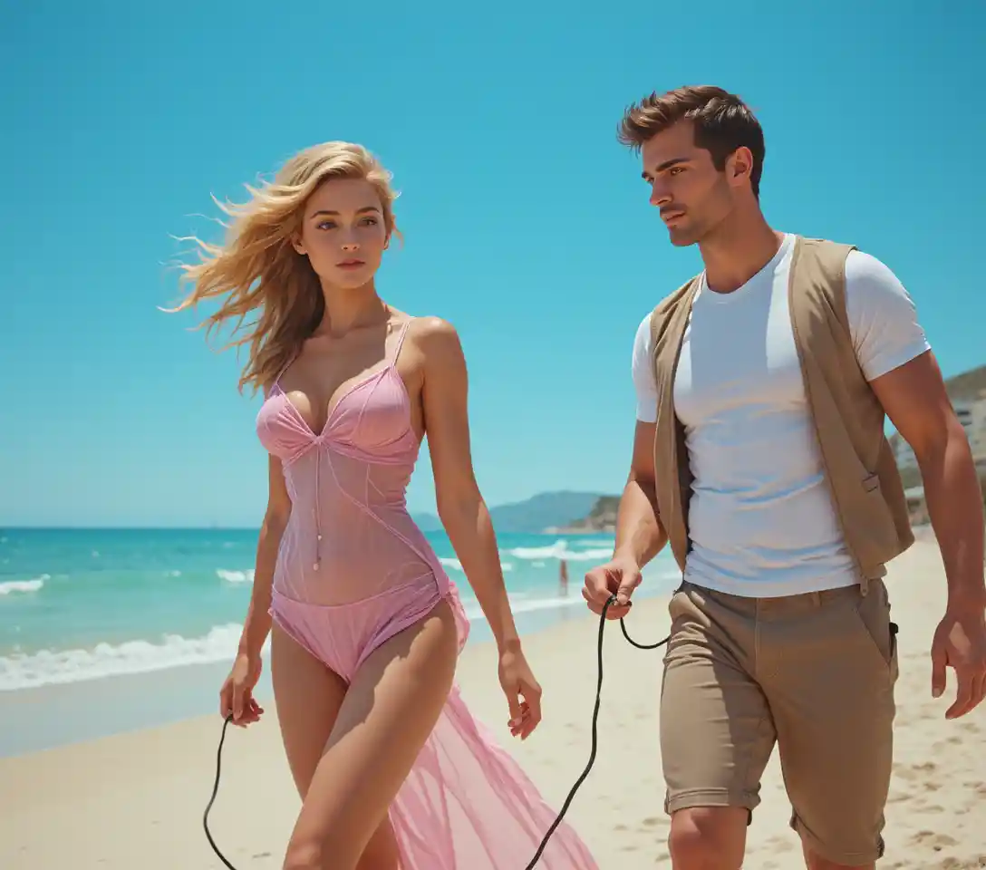 Young blonde woman walking on a sunny Mediterranean beach