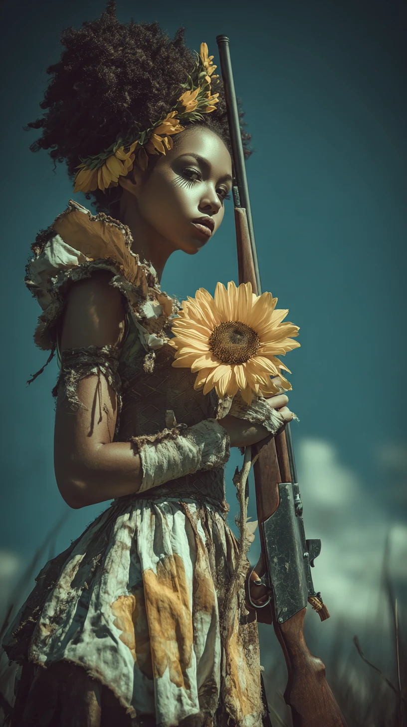 Afrofuturistische Kriegerin mit Sonnenblumen-Gewehr in surrealer Welt