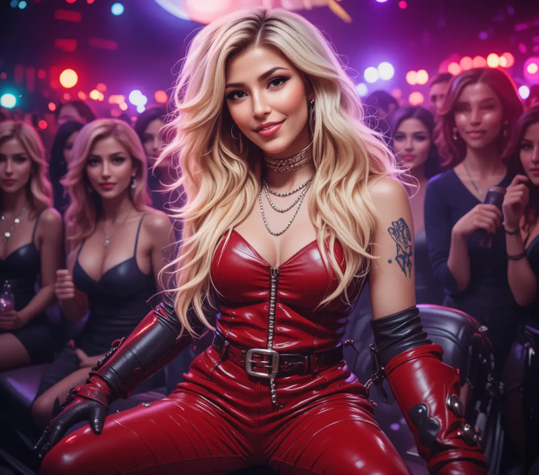 Blonde biker woman teasing tongue piercing in disco club