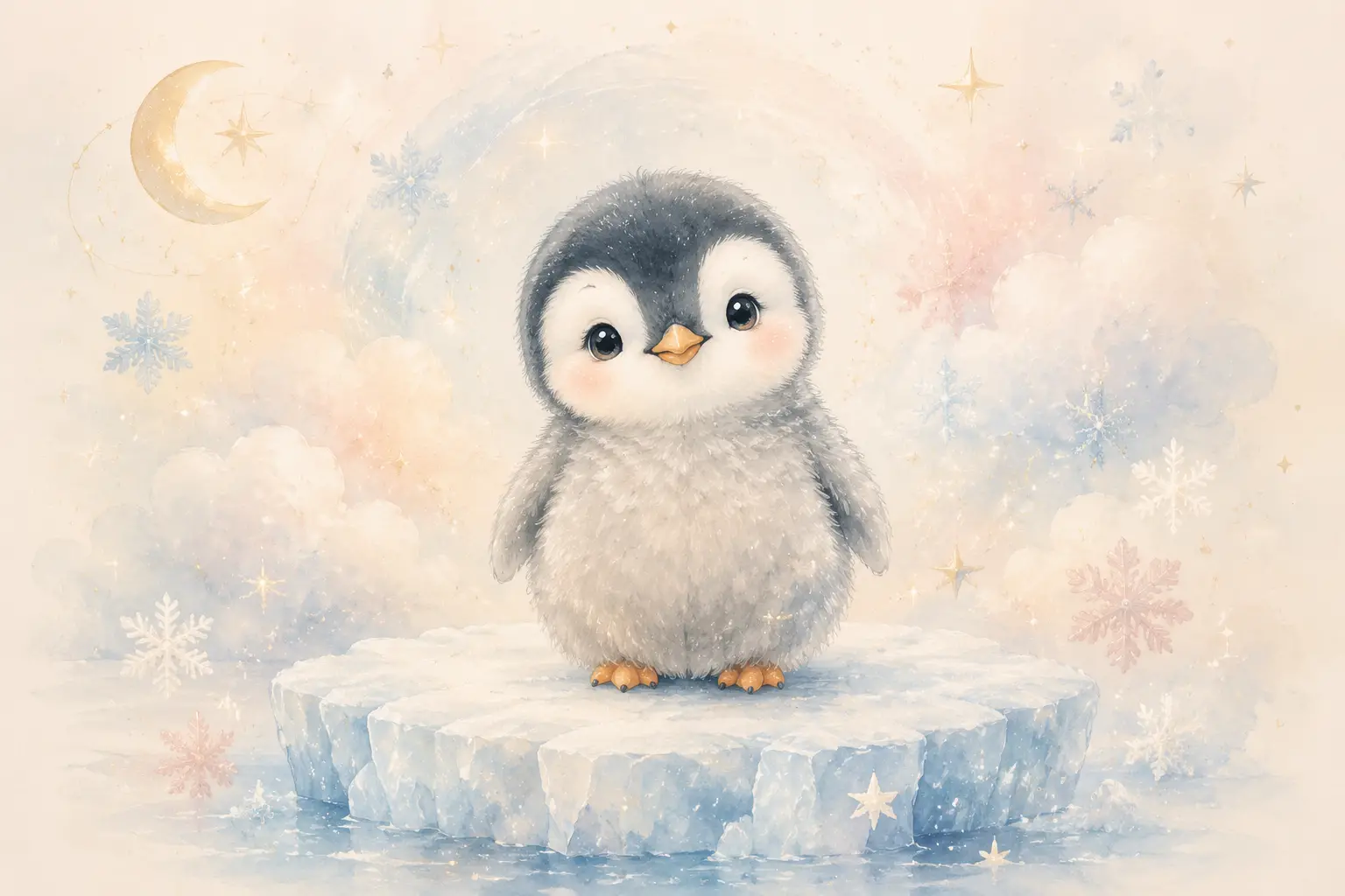 柔軟冰層上可愛小企鵝的嬰兒房插畫