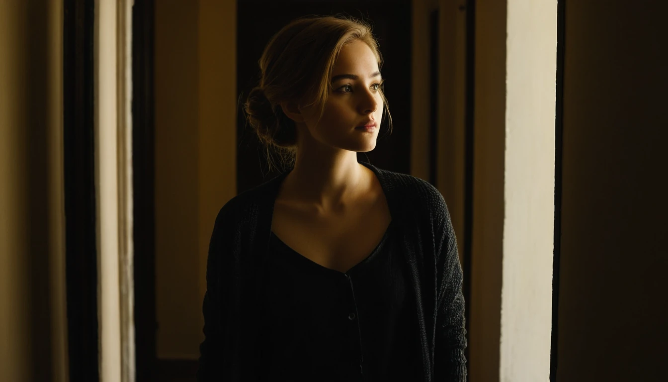 Young woman in shadowed hallway lit by golden rim light