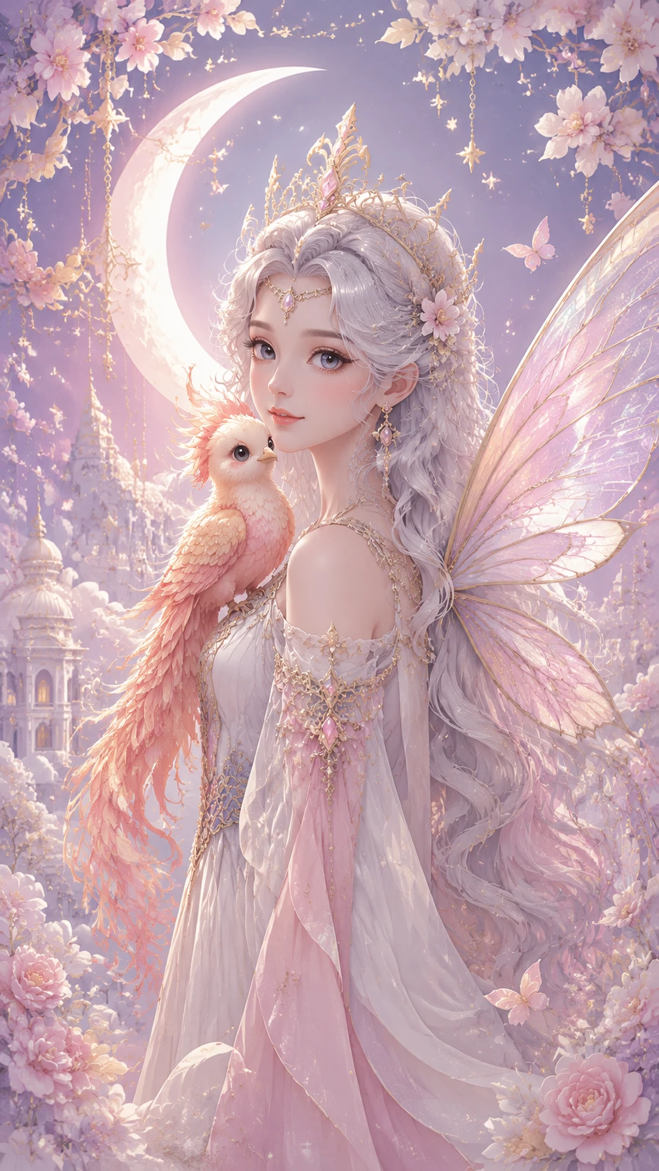 Gentle fairy queen with baby phoenix in moonlit garden
