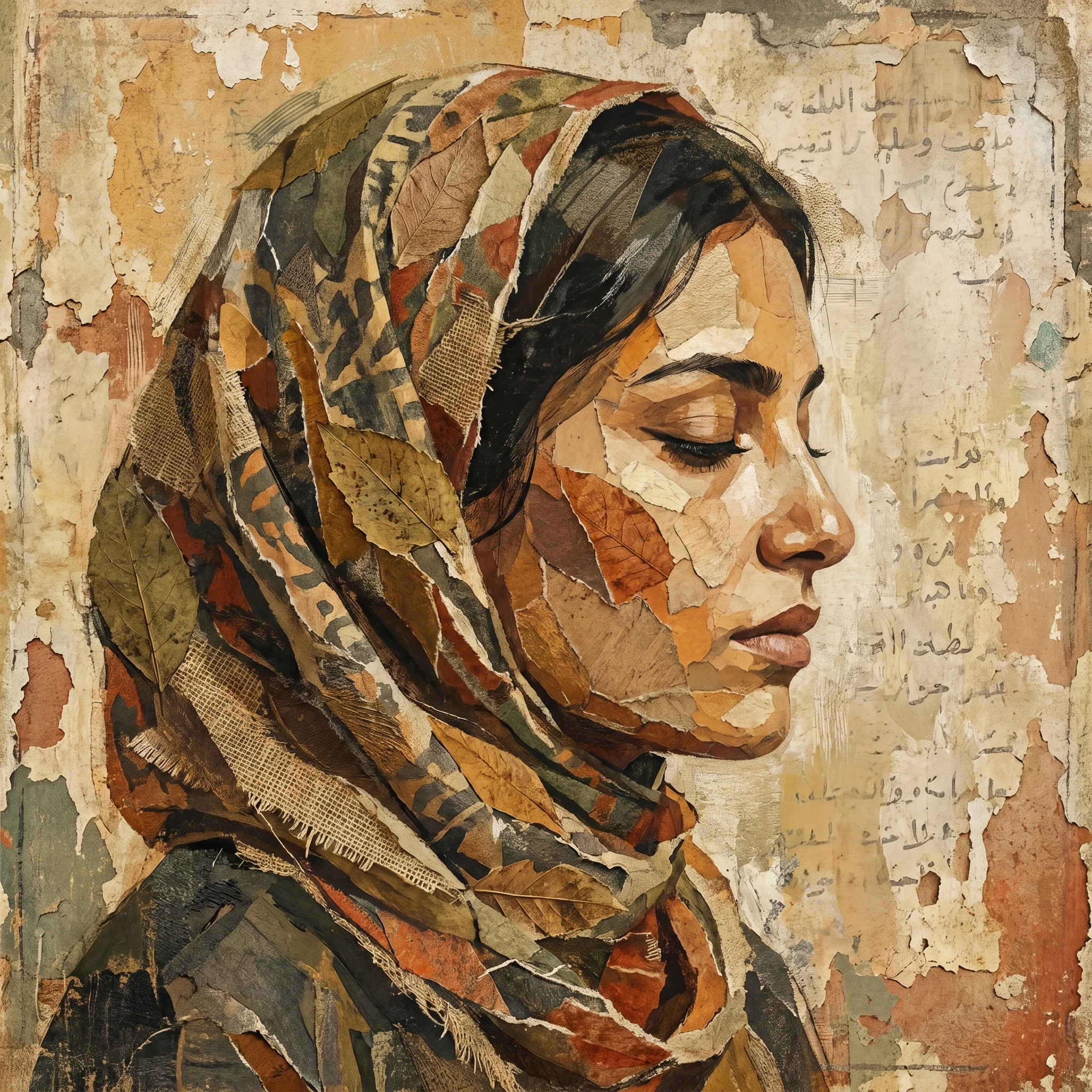 Serene woman in headscarf rendered as torn paper collage