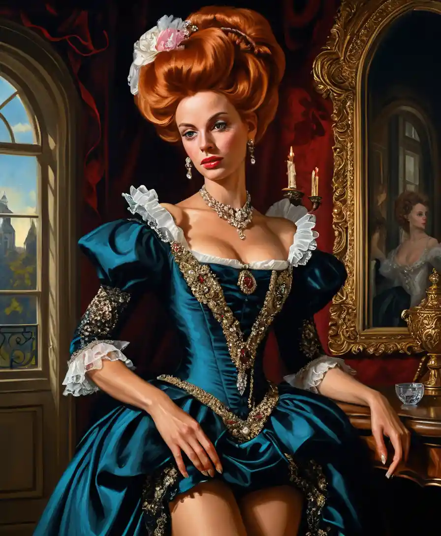 Sultry red haired enchantress in lavish rococo mansion