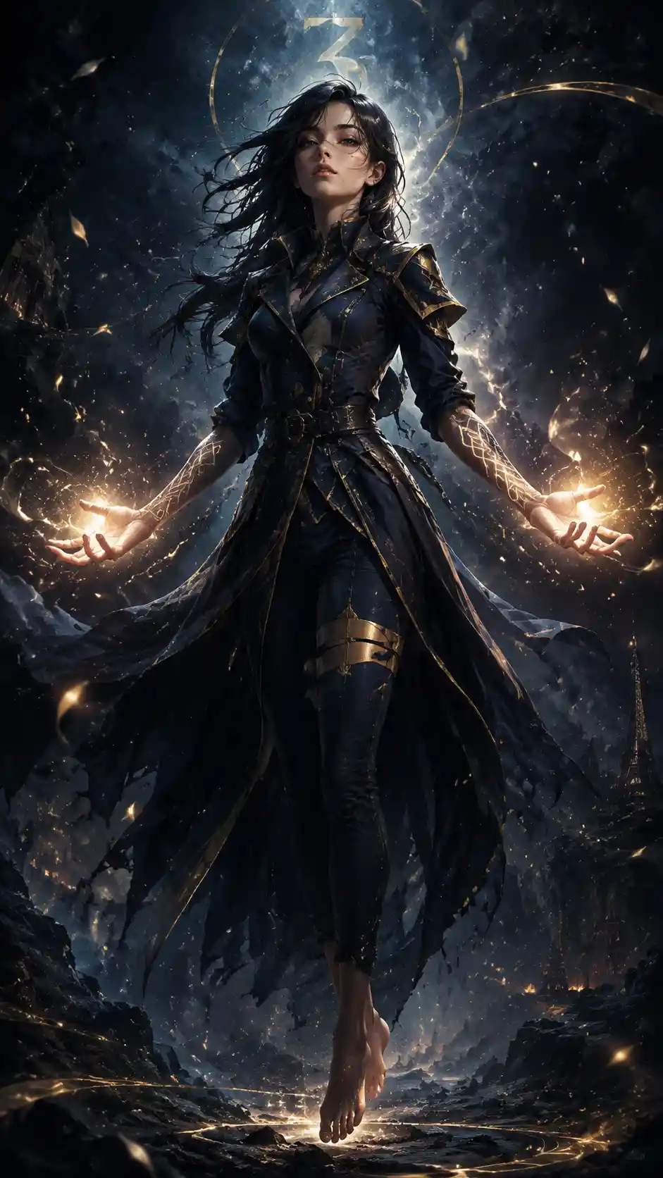 Mysterious sorceress floating in a dark magical aura