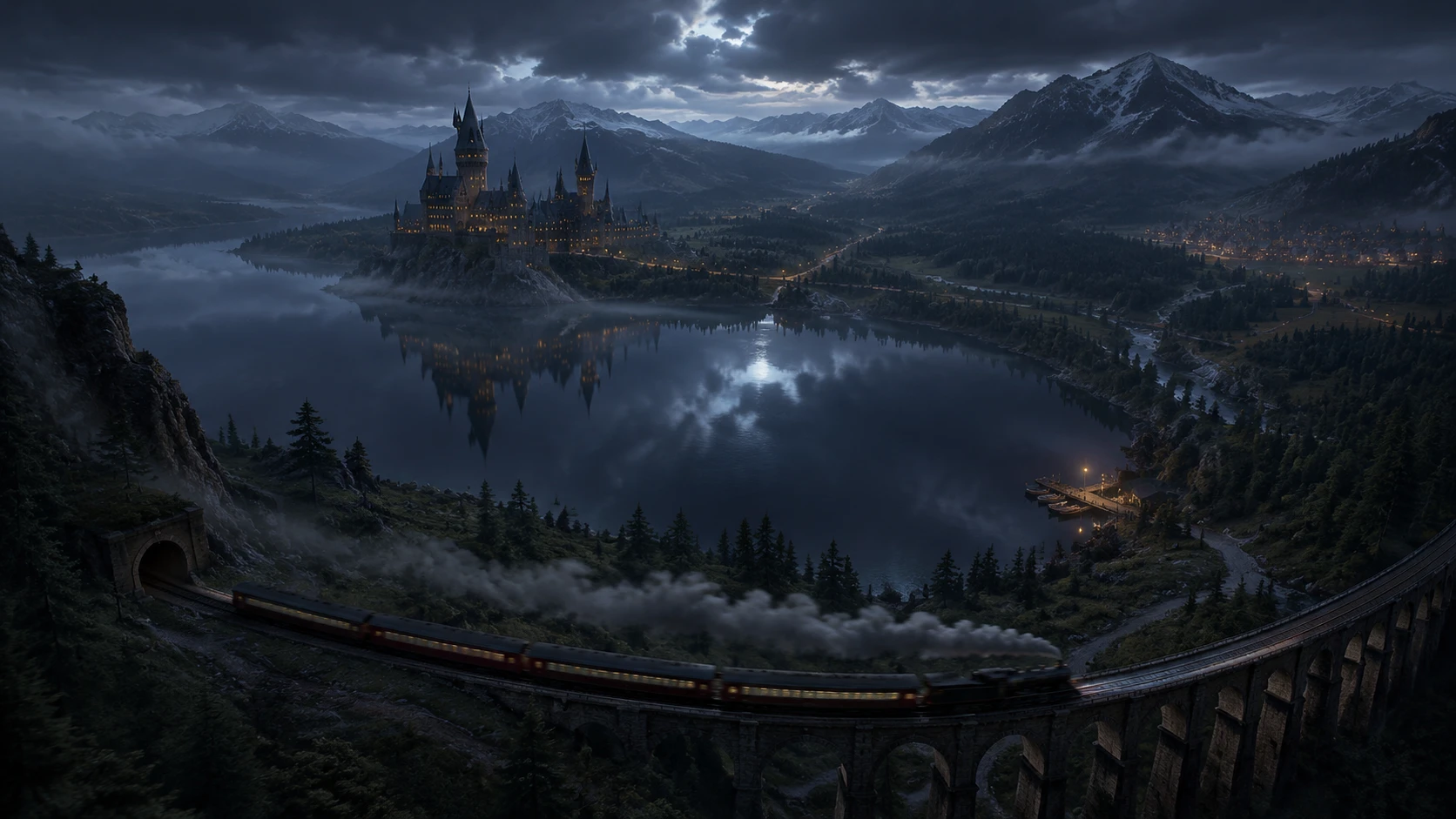 Steam train crossing a viaduct above a twilight fantasy lake