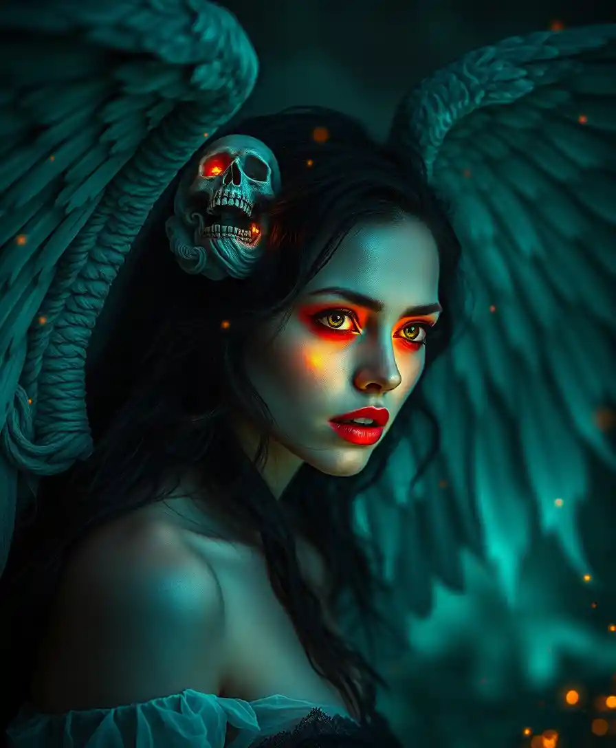 Dark angel fantasy woman in surreal vibrant dreamscape
