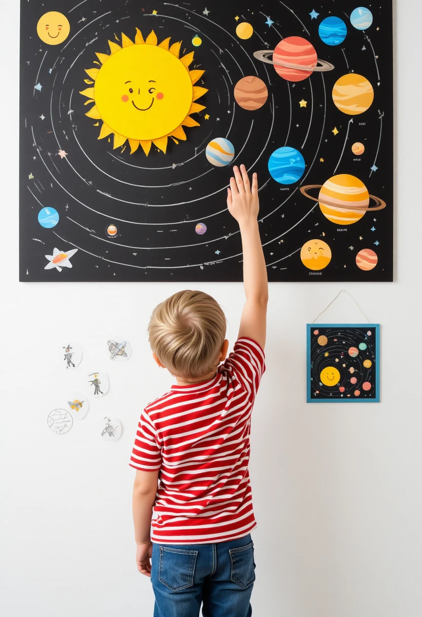 Young boy reaching toward colorful solar system wall chart