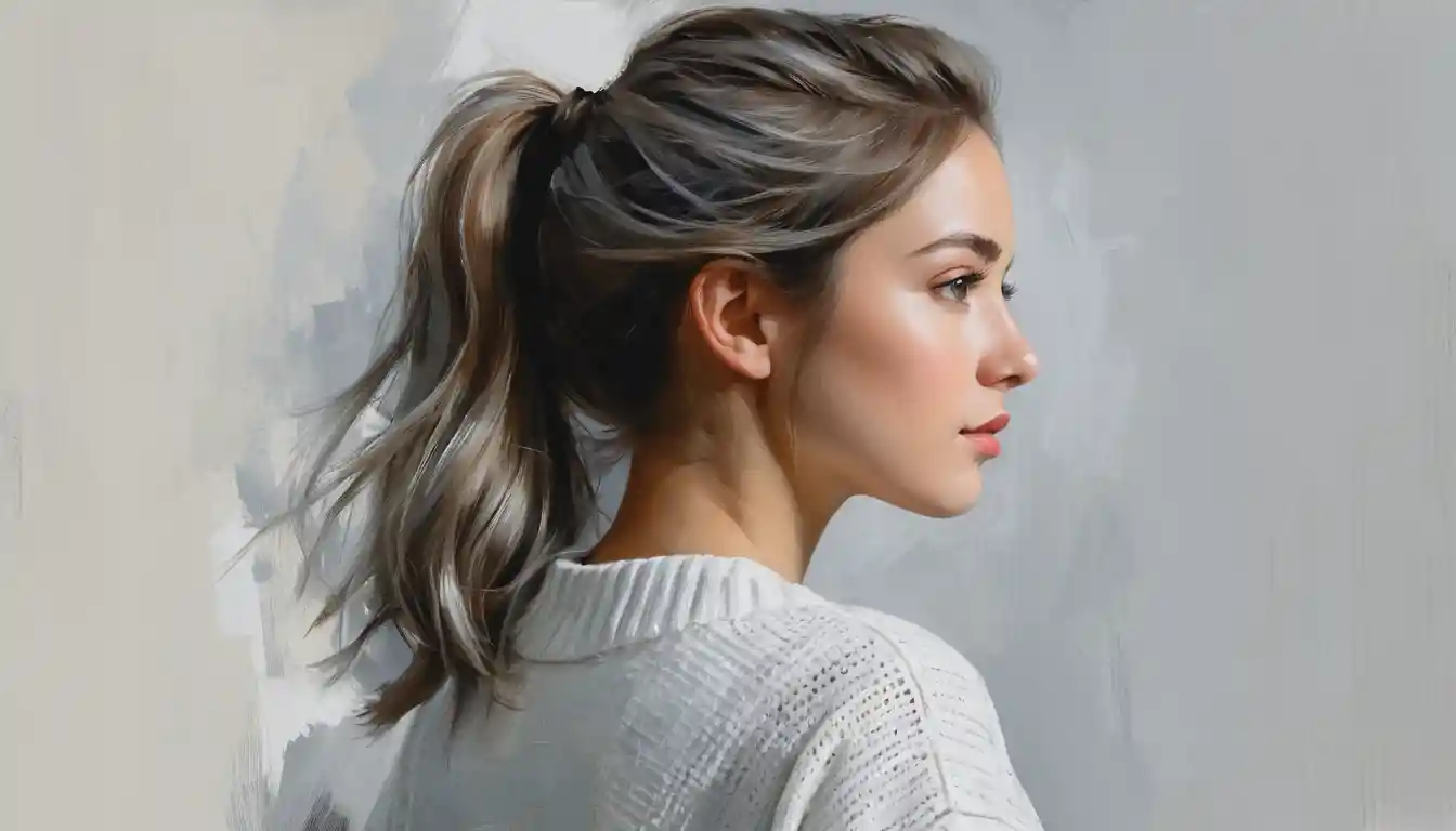 Young woman in white sweater turning with contemplative gaze