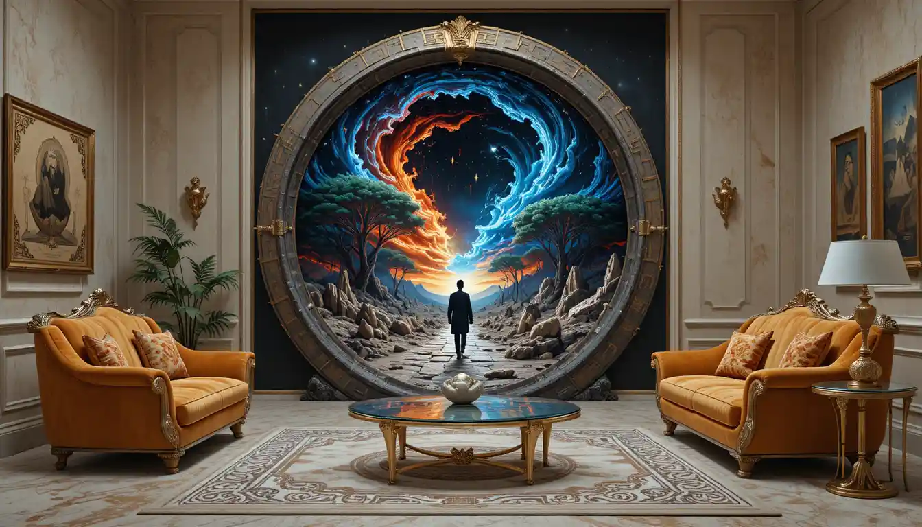 Baroque red sofa before trippy cosmic forest painting