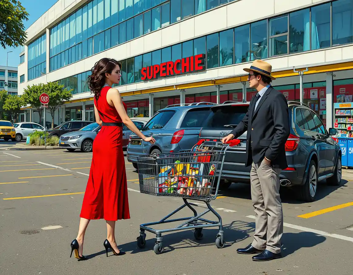 Asian woman in red dress by supermarket parking cart