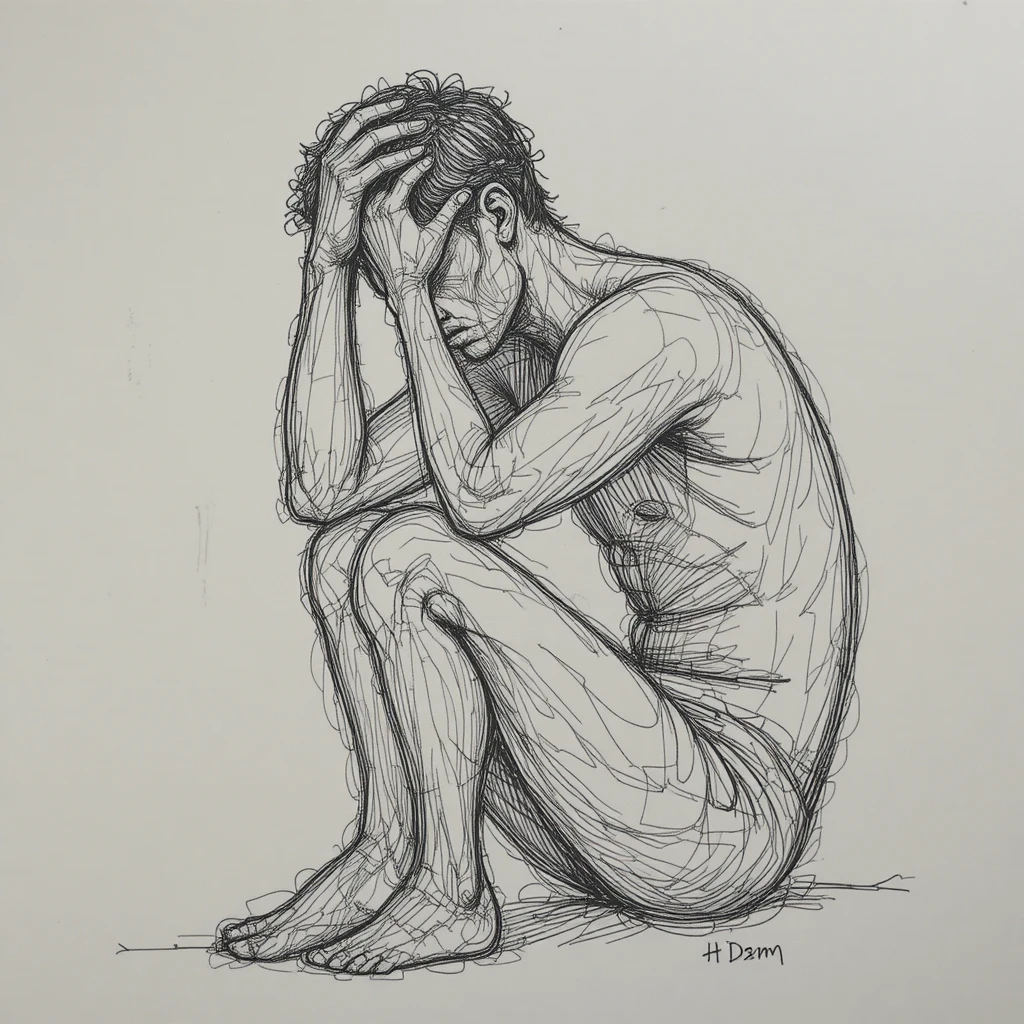 Frustrated man in pencil sketch holding his head in despair