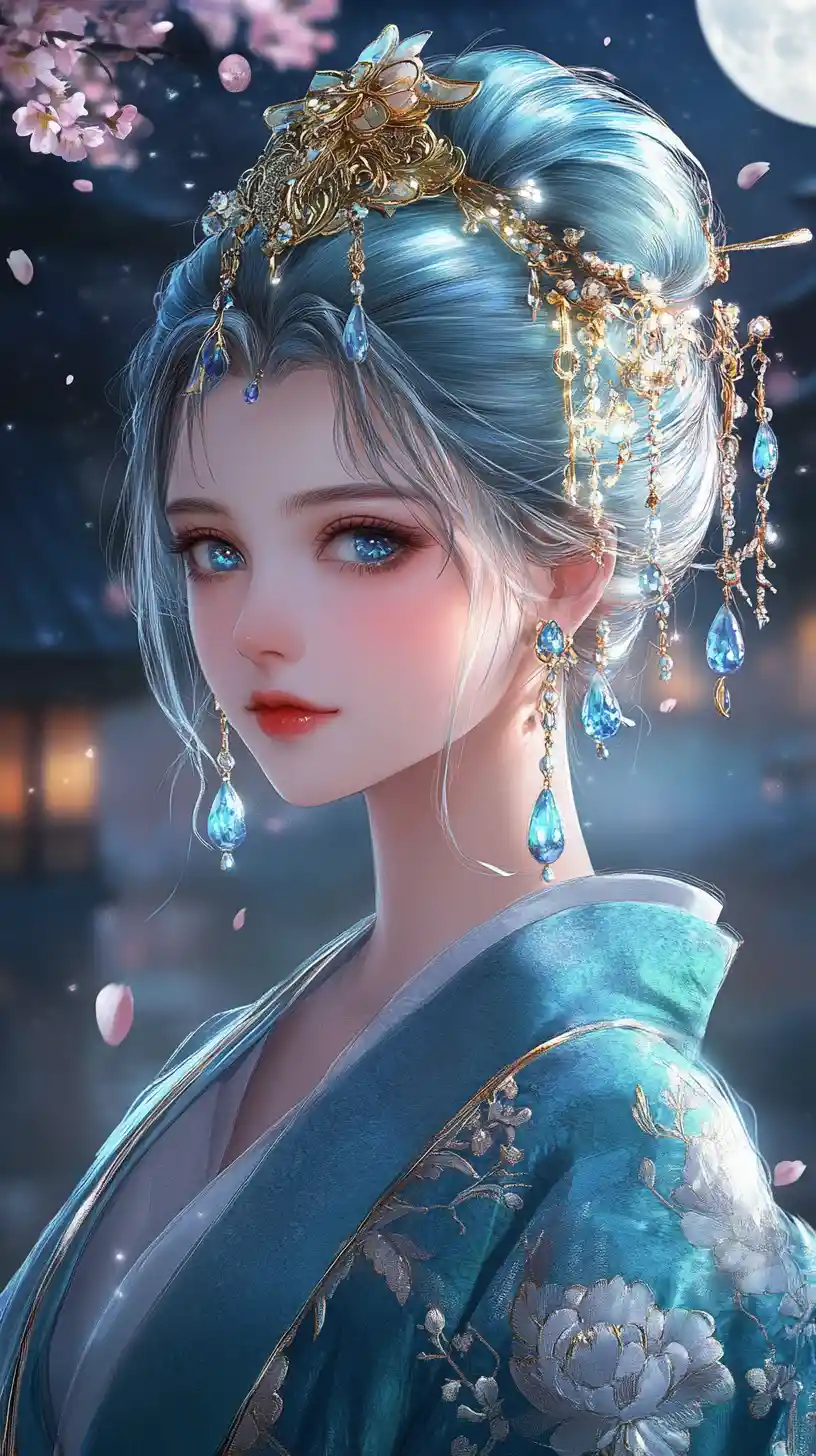 Elegant anime woman in a moonlit cherry blossom garden