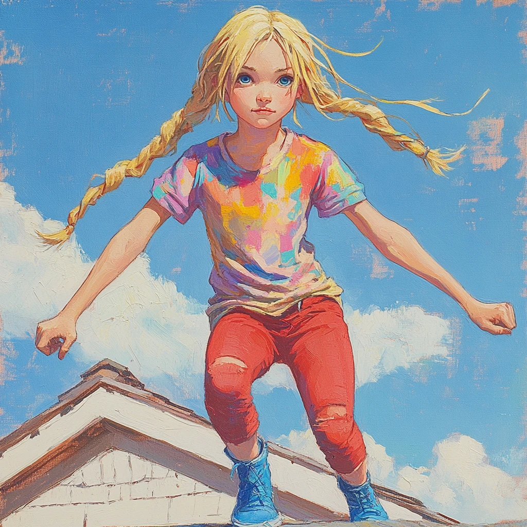 Blonde girl balancing on a rooftop under a soft blue sky