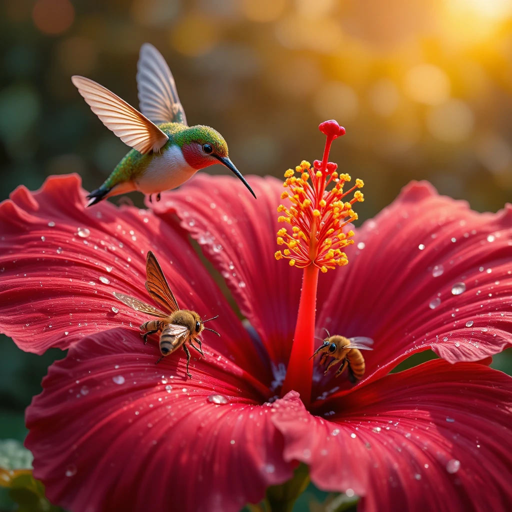 Close up red hibiscus with hummingbird butterfly and bee