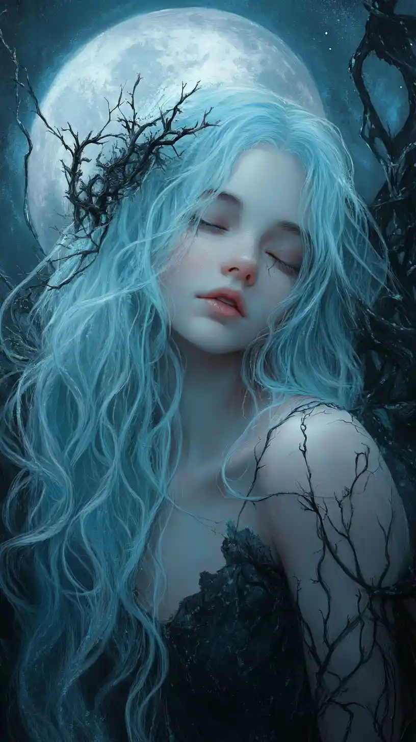 Melancholic anime girl under a glowing full moon