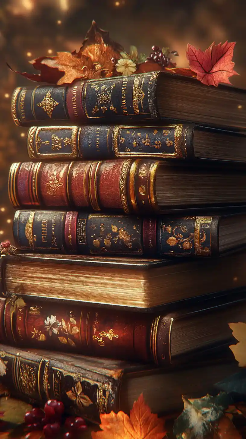 Stack of magical books shifting through the four seasons