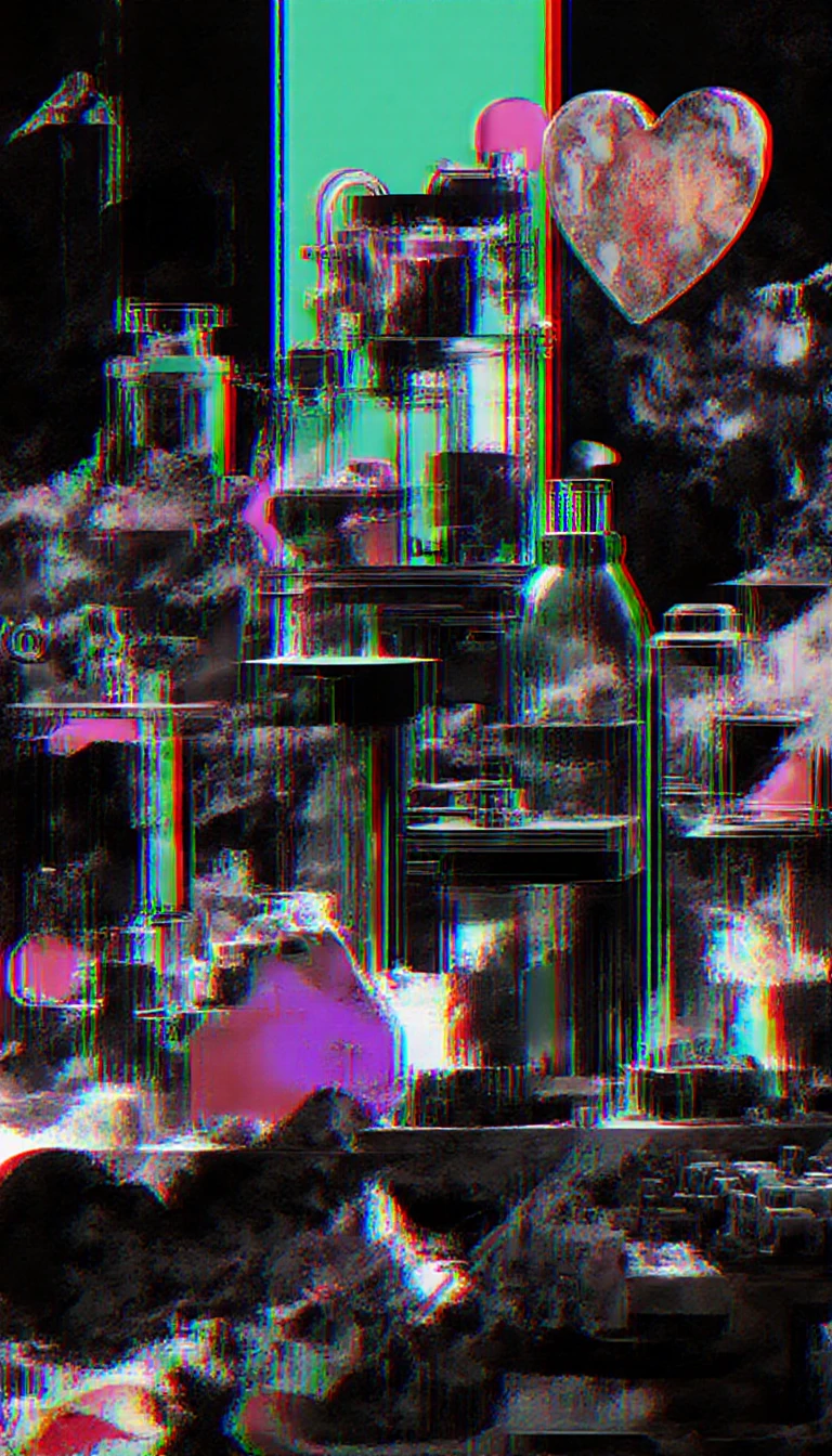 Surreal abstract laboratory scene with chaotic distorted visuals
