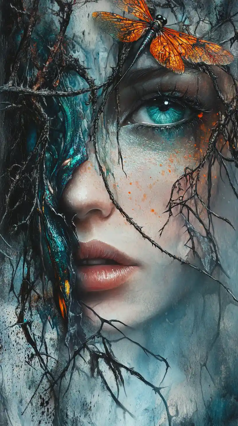 Surreal portrait emerging from a thorny mystical canvas