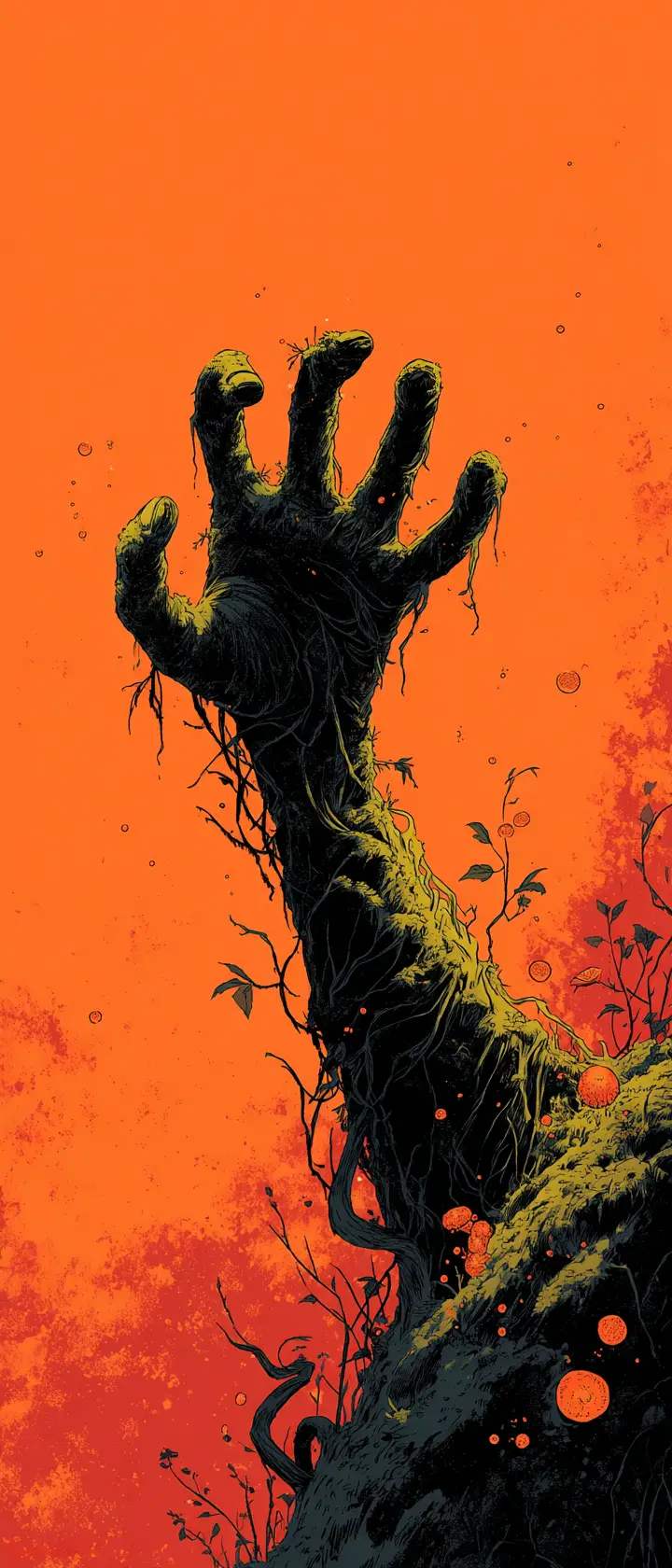 Monstrous hand rising from a glowing swamp at sunset