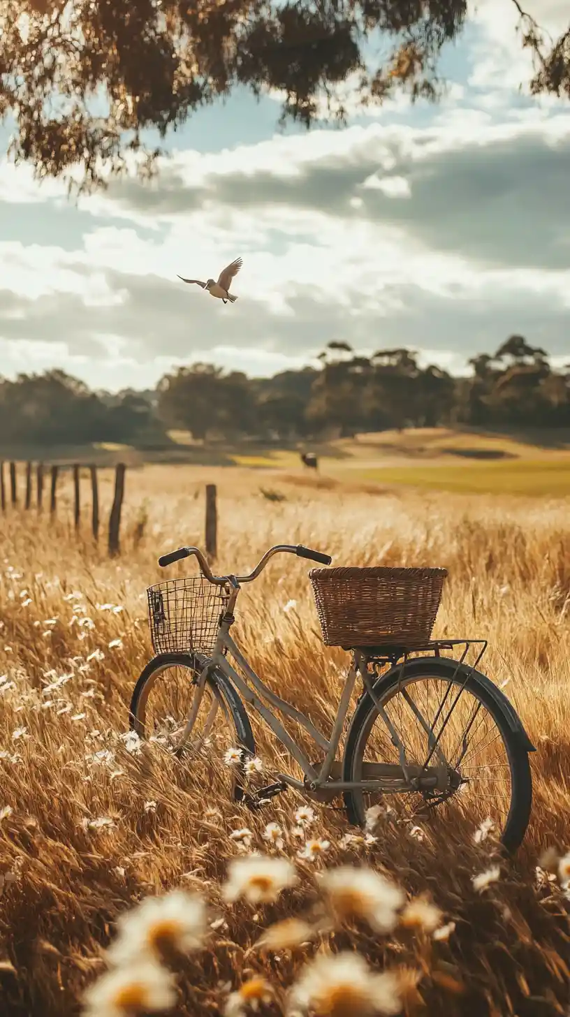 Kangaroo beside bicycle in an Australian wheat field