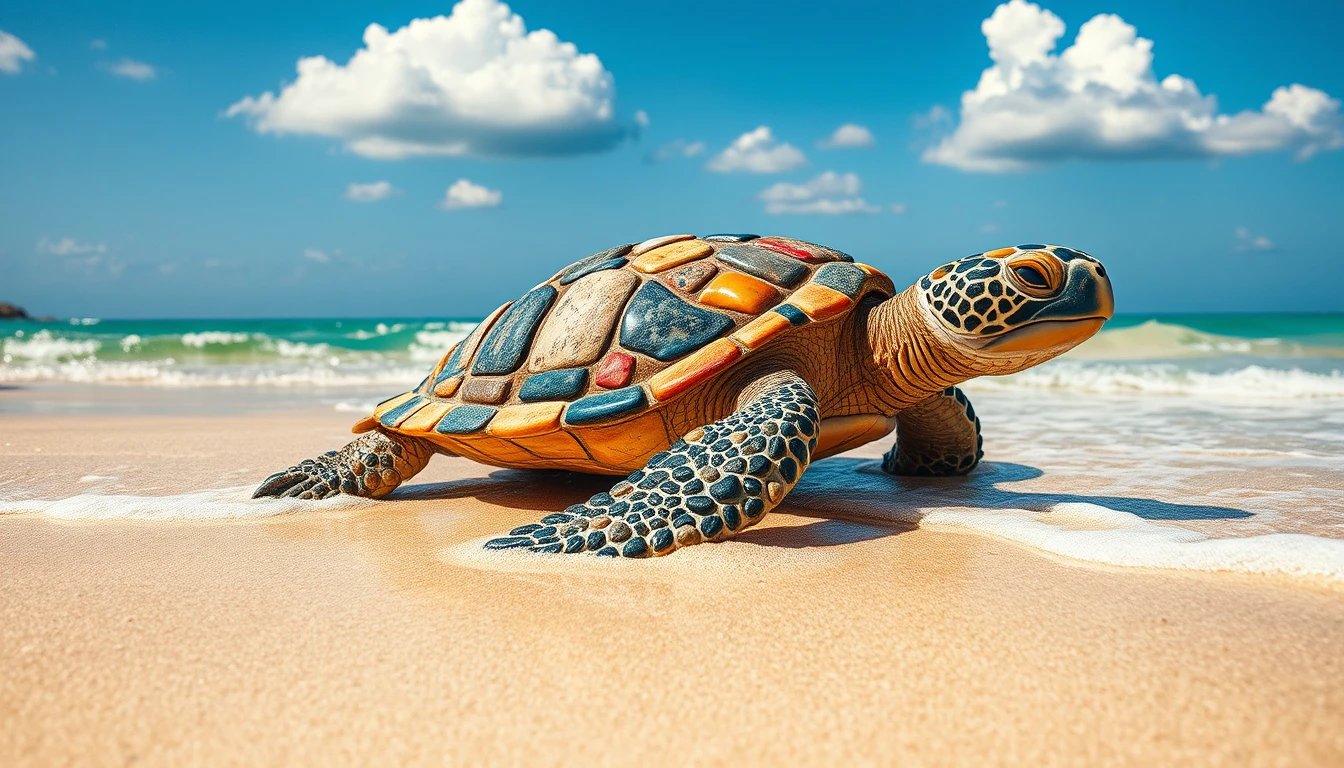 Pebble mosaic turtle resting on a sunny sandy beach