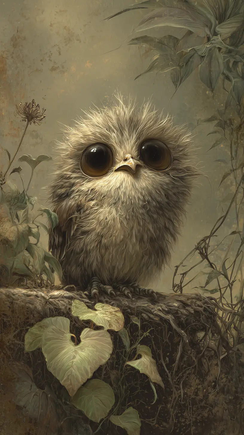 Gothic baby bird with large eyes on forest root