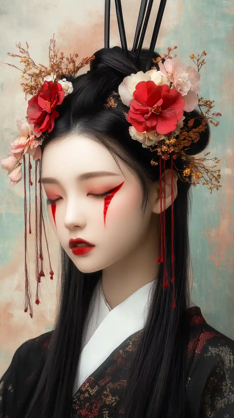 Elegant Japanese woman with red floral hair ornaments