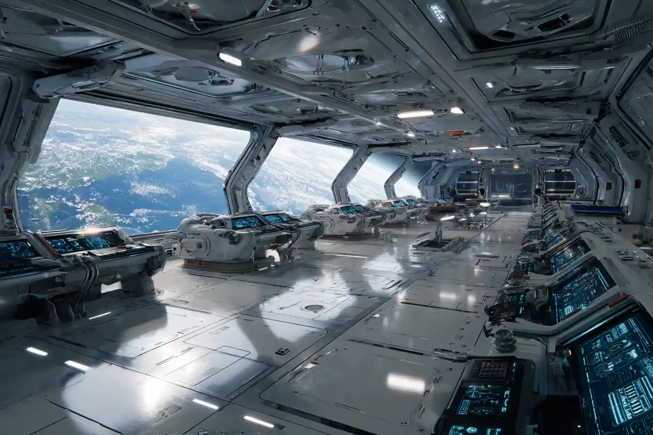 Female soldiers on a bright spaceship observation deck