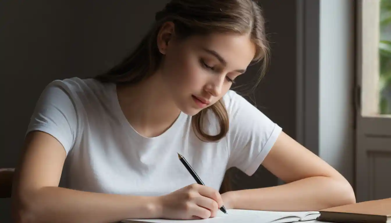 Young woman writing intensely at a shadowed desk