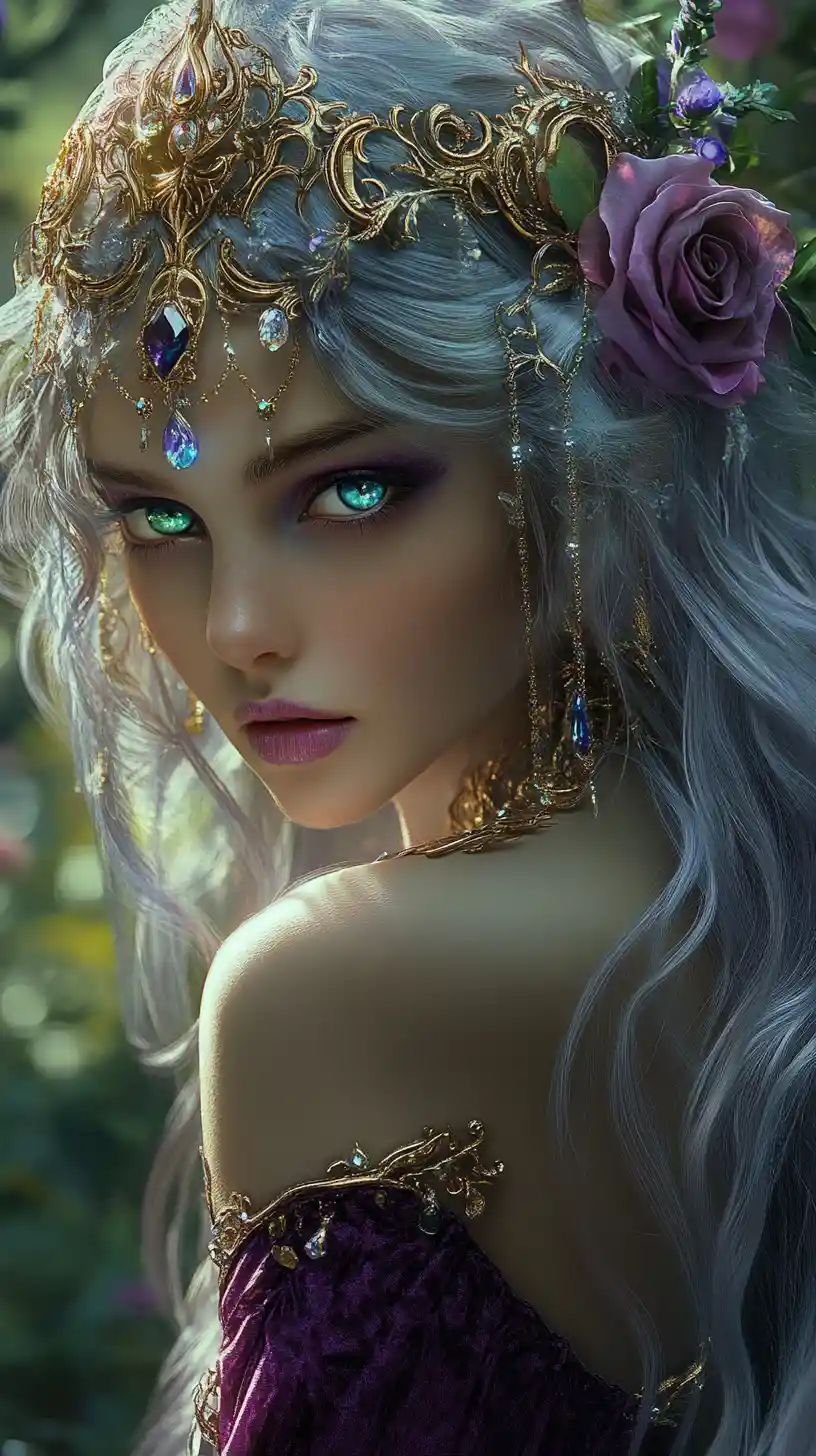 Enigmatic fantasy woman adorned with jeweled golden headpiece