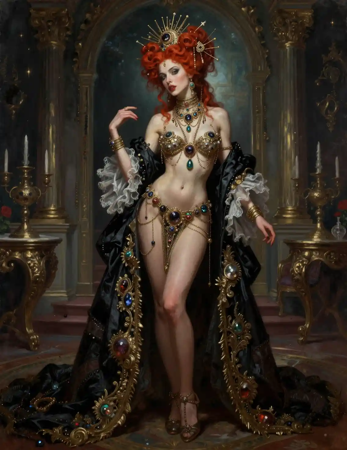 Sultry red haired enchantress in a lavish rococo mansion