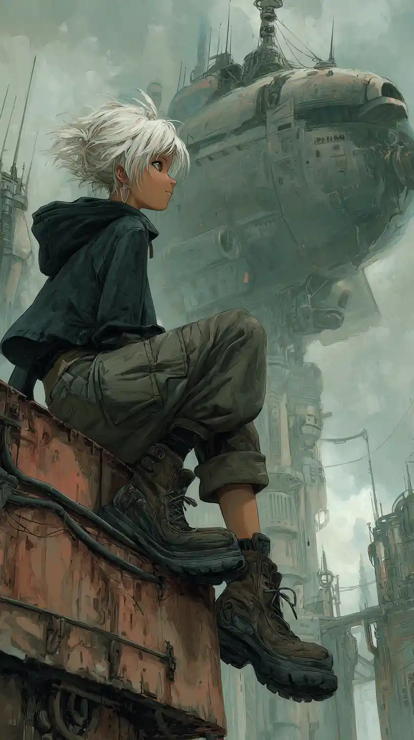 Anime girl on a crumbling ledge in dystopian industrial city
