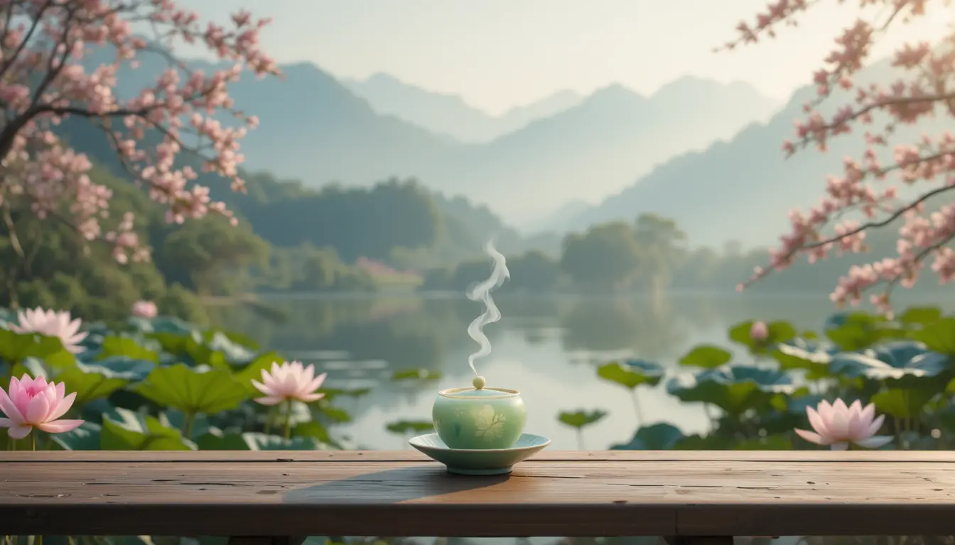 Jade teapot by a tranquil lotus pond with misty mountains