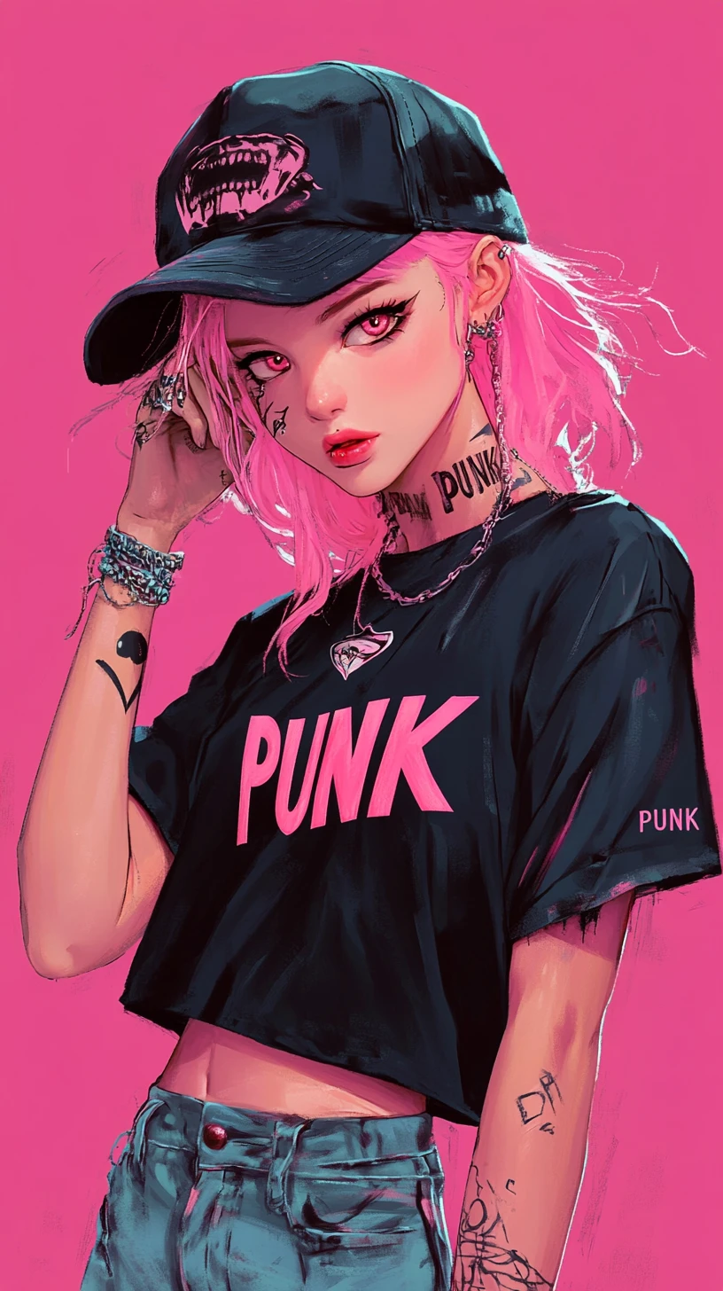 Punk anime girl in neon alley blowing pink bubblegum