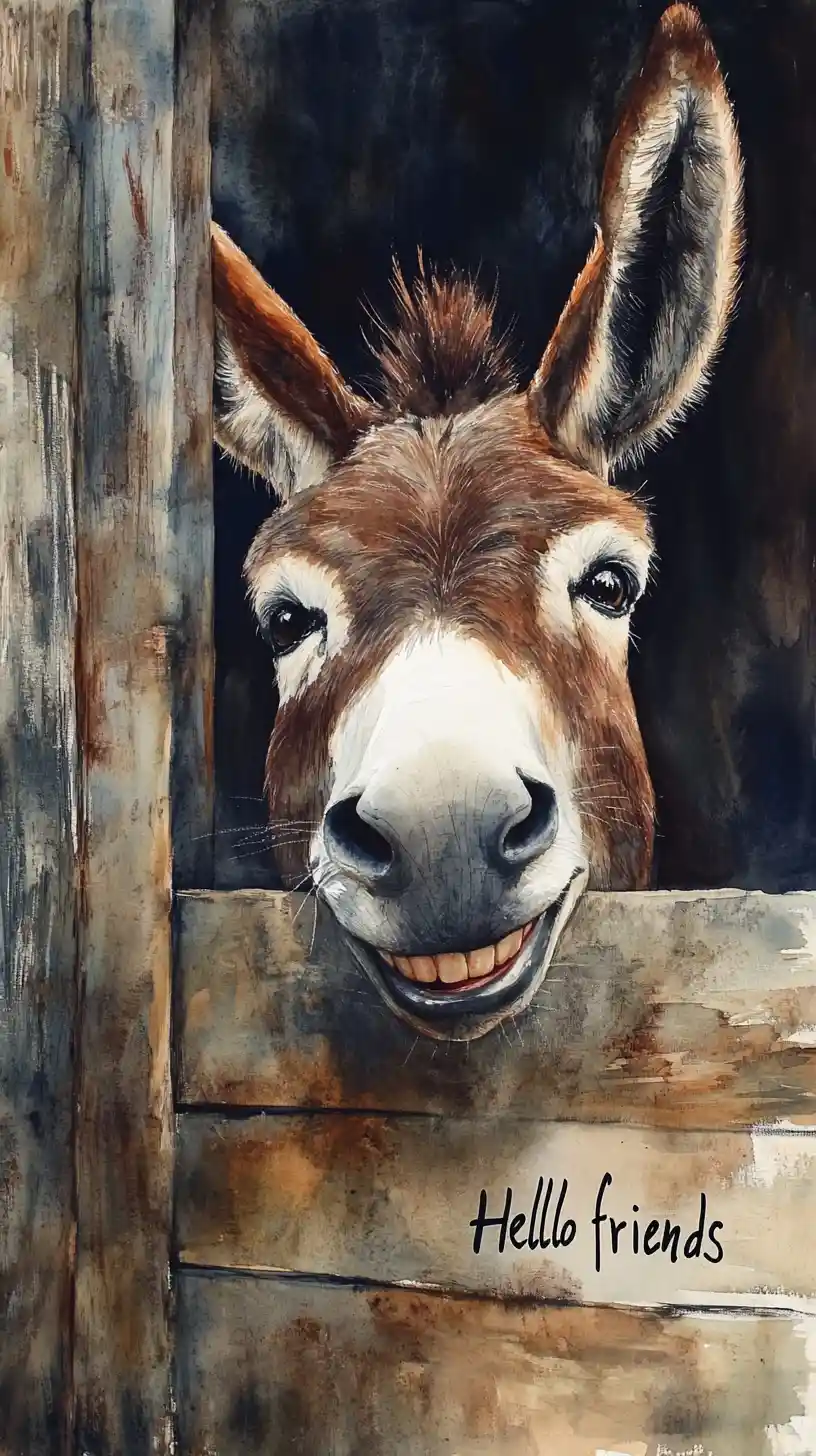 Cheerful watercolor portrait of a smiling donkey face
