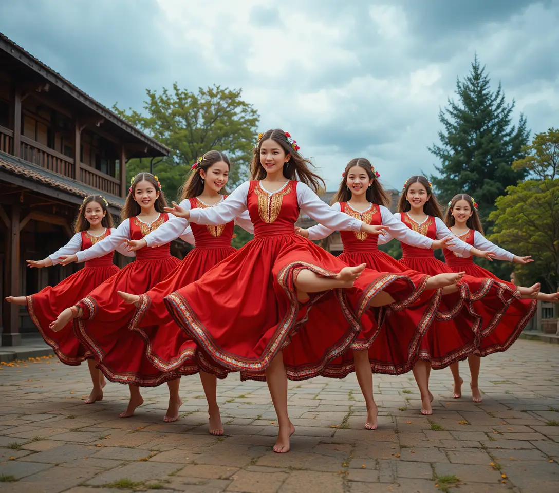 Group of girls in red folk dance costumes performing outdoors