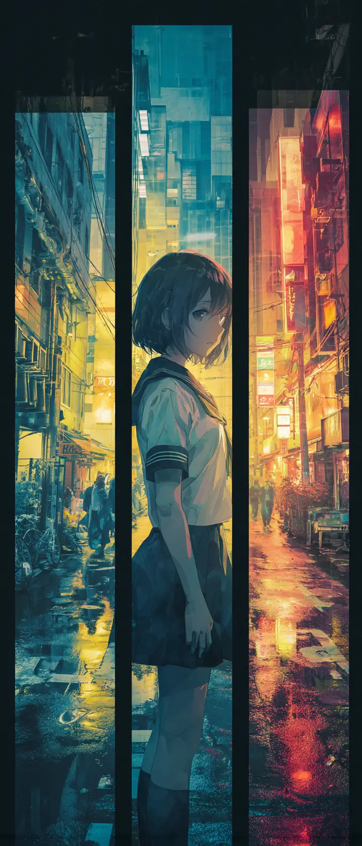 Anime schoolgirl triptych against rainy Tokyo alley