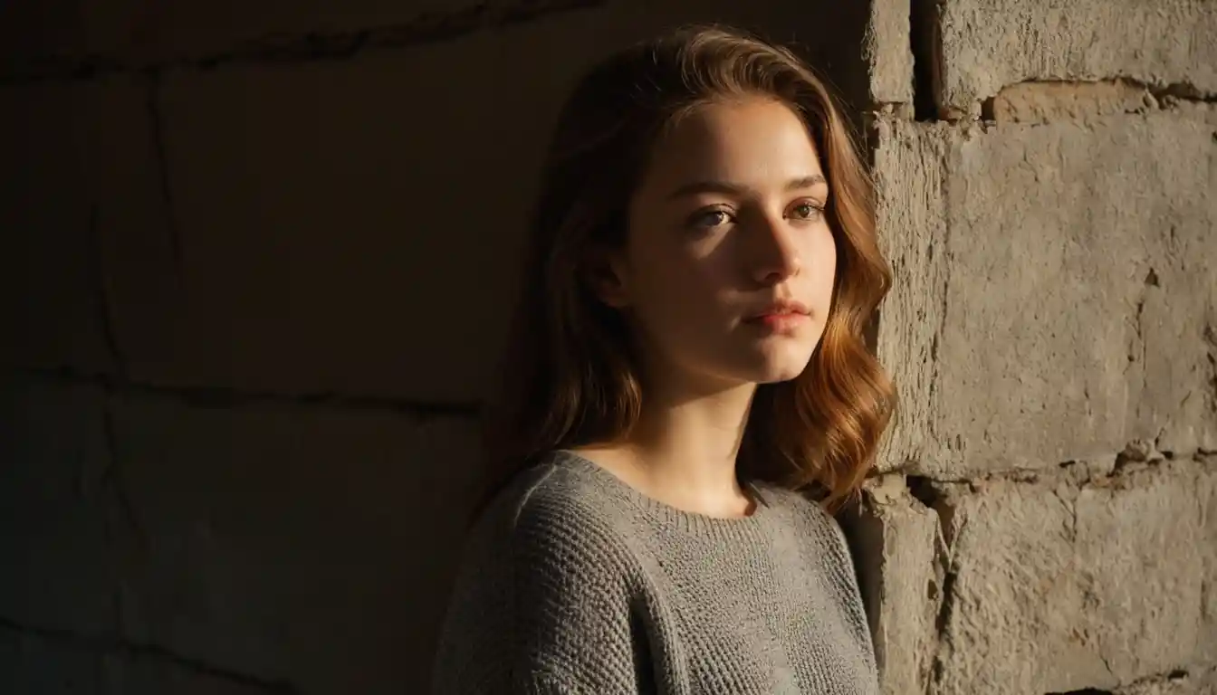 Young woman in chiaroscuro light facing a fractured wall