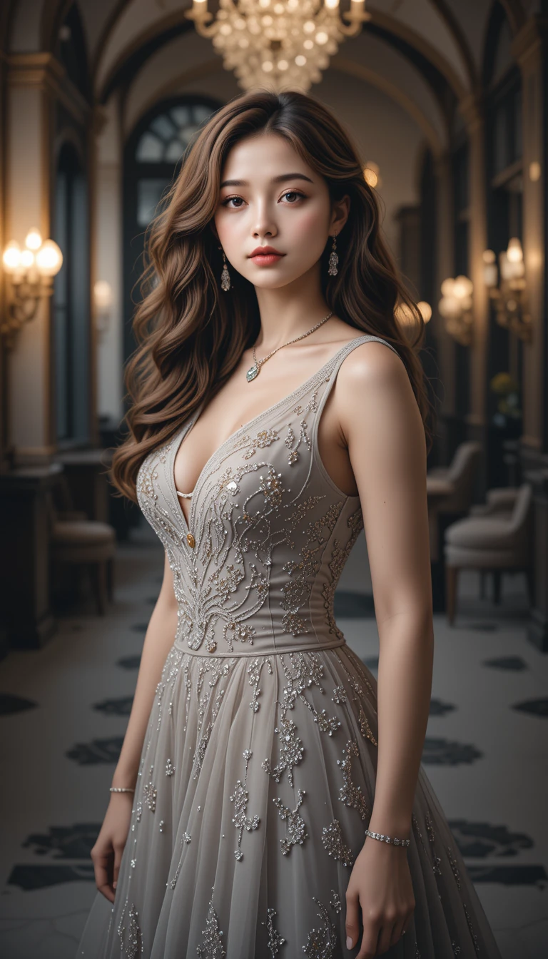 Elegant young woman in gown in a modern interior