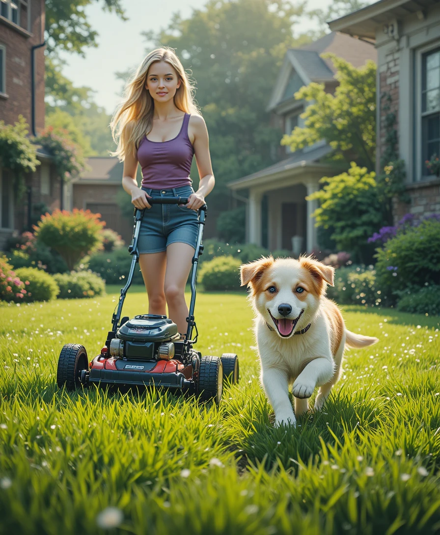 Blonde girl mowing the lawn with a playful puppy