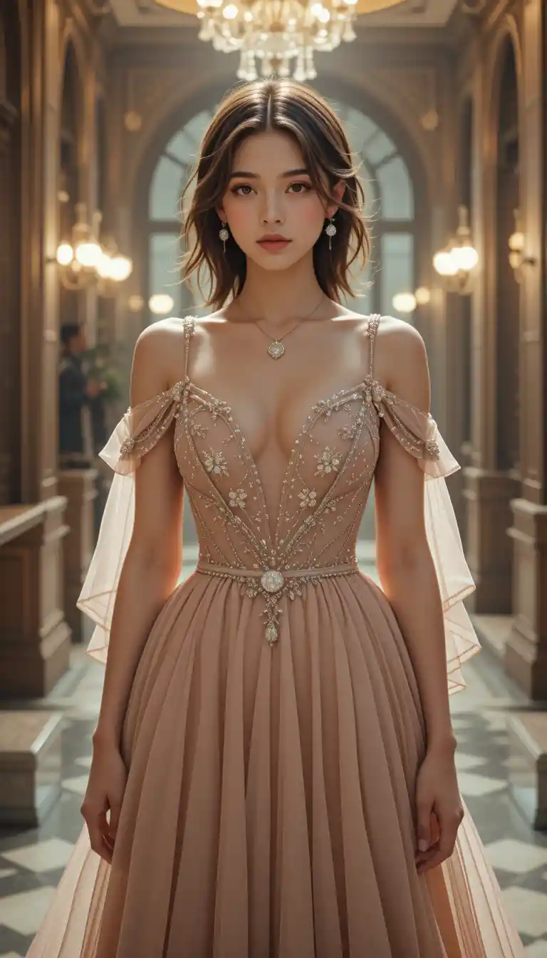 Elegant young woman in formal gown facing the camera
