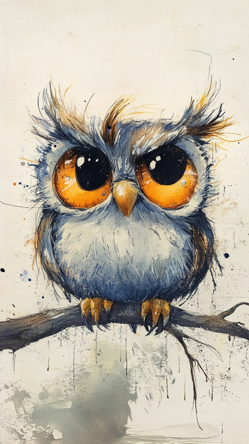 Playful Fluffy Owl With Oversized Eyes In Watercolor Ink